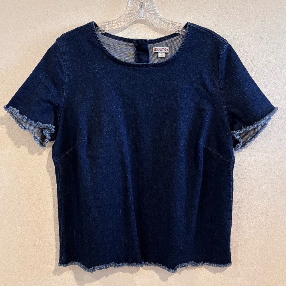 Merona Women's Short Sleeve Denim Frayed Dark Wash SZ L Shirt